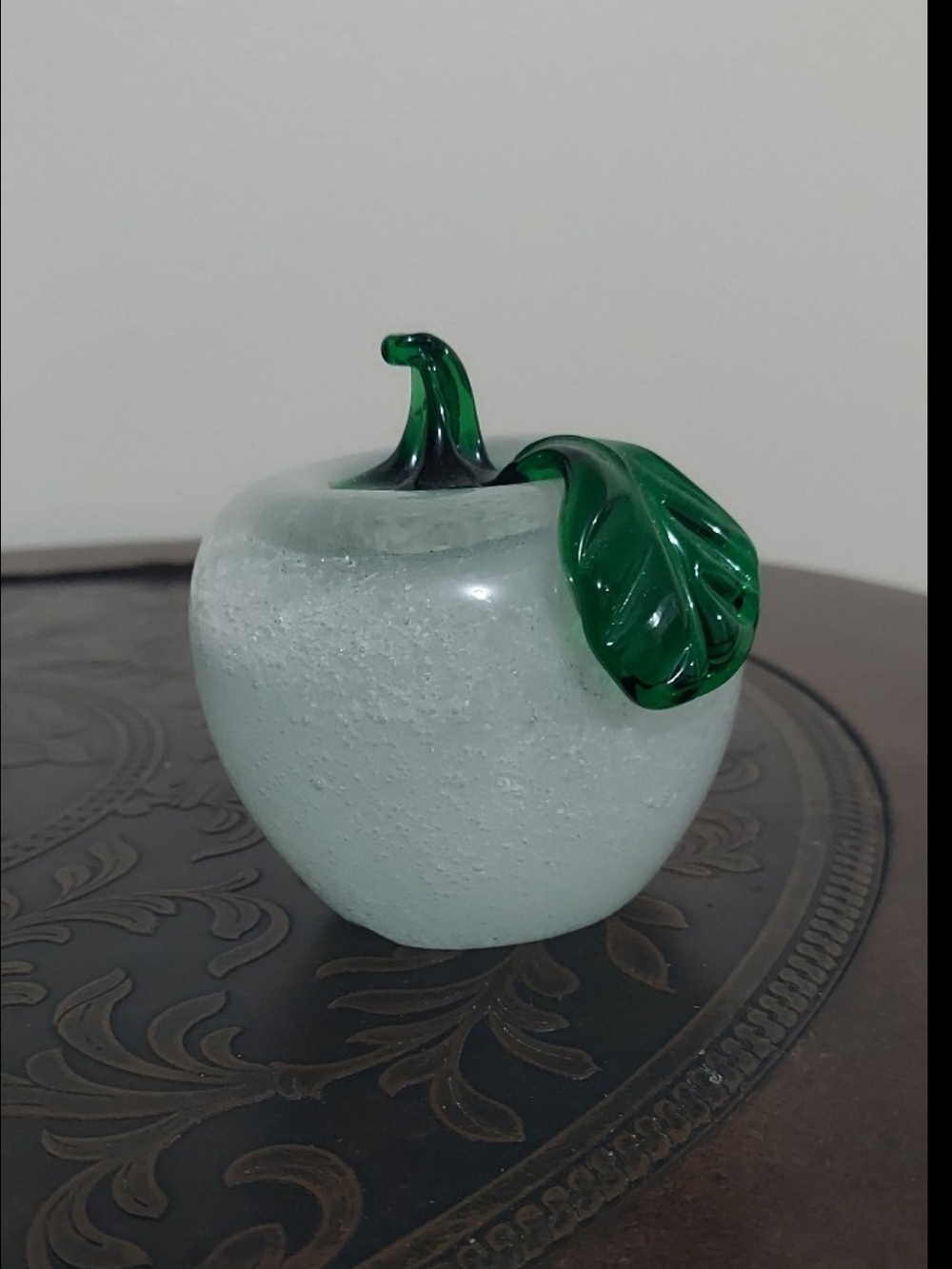 Frosted White Glass Apple Sculpture with Emerald Leaf
